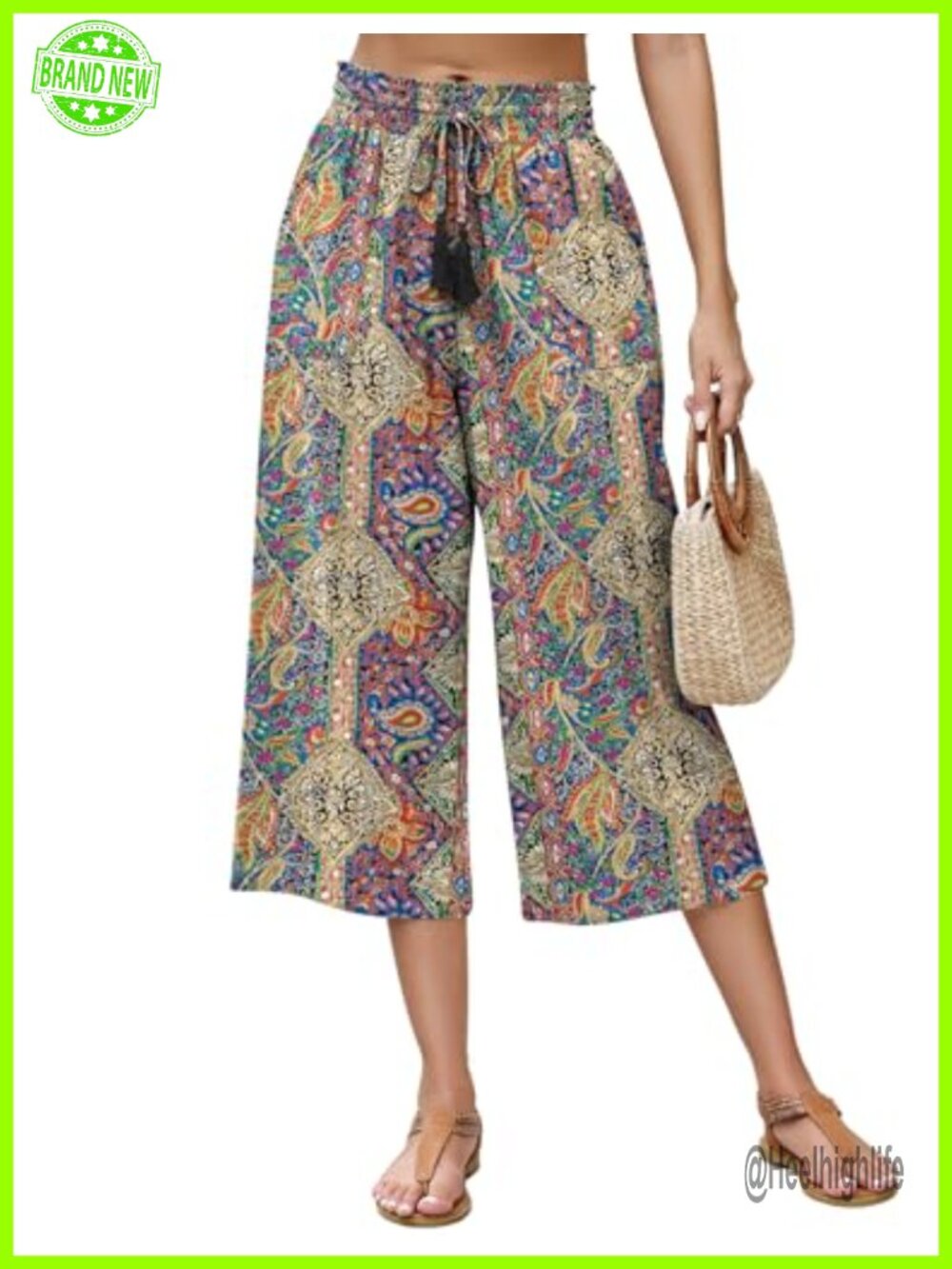 Linen Capri Pants Wide Leg Elastic High Waisted Cropped Palazzo